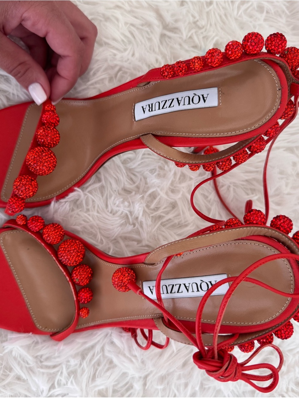 Aquazzura Red Crystal-Pom Lace-Up Sandals